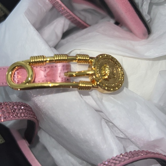 Fendi x Versace Pink Satin Crystal Embellished Ankle Strap Sandals - Picture 10 of 13